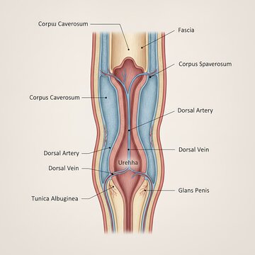 Medical illustration of human penis anatomy in cross section showing corpus cavernosum and vascular structures for clinical education