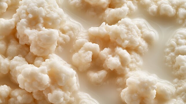 Fresh white milk kefir grains close up macro shot.