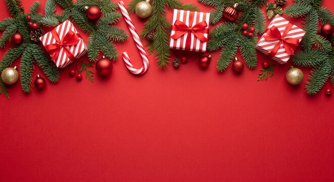 Christmas background with gifts fir branches and ornaments on red, christmas