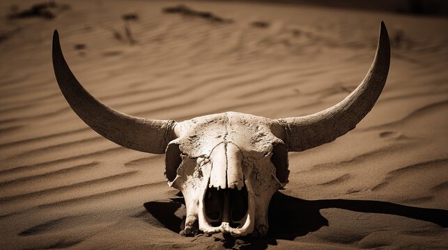 osteology. Bull skull with T-shaped bone structure on desert sand, detailed texture and side lighting. wildlife magazines, conservation campaigns, designed for wildlife conservation campaigns.