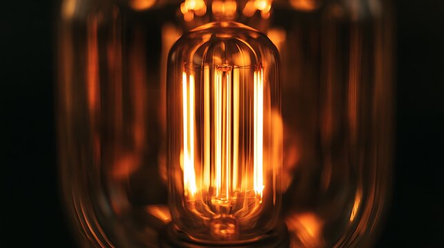 Close up of a glowing vintage Edison light bulb filament.