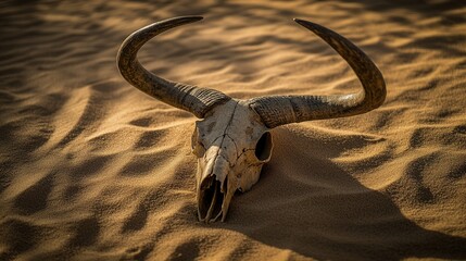Fototapeta premium osteology. Bull skull with T-shaped bone structure on desert sand, detailed texture and side lighting. wildlife magazines, conservation campaigns, designed for wildlife conservation campaigns.