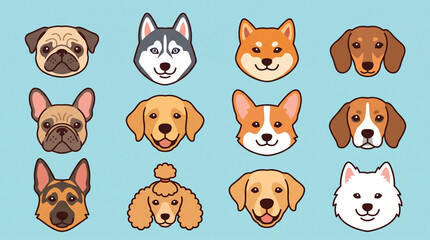Naklejka premium Cute Cartoon Dog Breeds Vector Icons Set, Flat Illustration of Pug, Husky, Corgi, and Poodle for International Dog Day