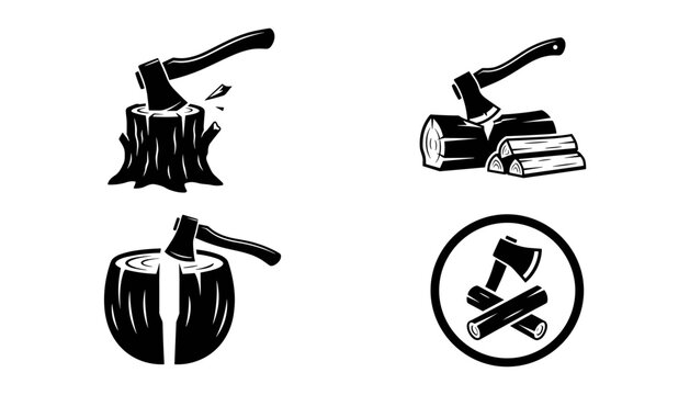 Wood chopping and lumberjack axe icon set vector with wood logs tree stump firewood stacks and hatchet symbols.