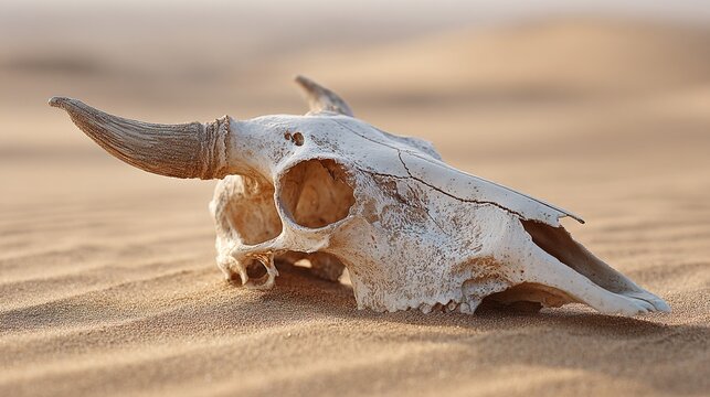 osteology. Bull skull with T-shaped bone structure on desert sand, detailed texture and side lighting. wildlife magazines, conservation campaigns, designed for wildlife conservation campaigns.
