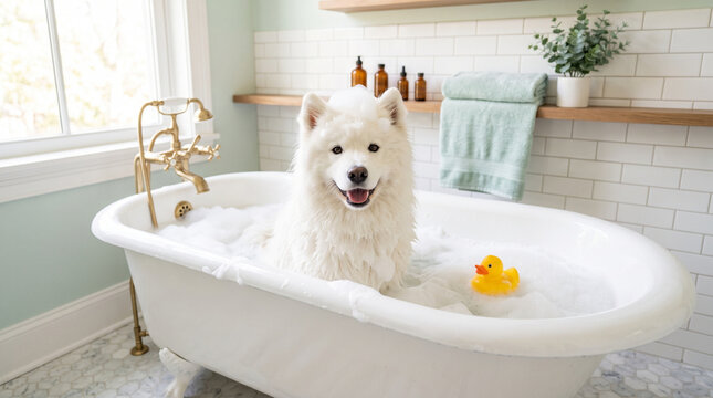 Fluffy Samoyed Dog Having a Bubble Bath in a Vintage Clawfoot Tub, Cute Puppy Bath Time with a Rubber Duck for International Dog Day