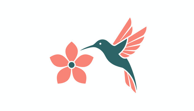 Hummingbird feeding on a flower logo design in dark green and pink colors represents natural harmony and grace.