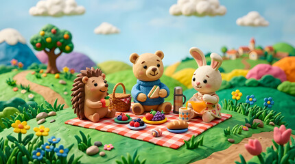 Fototapeta premium Clay Style Hedgehog Bear and Rabbit Having Picnic in Colorful Rolling Hills