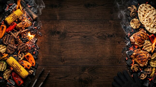 Rustic BBQ Restaurant Menu Background with Grilled Meat and Large Copy Space