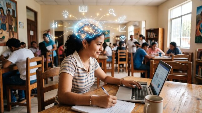 Young student learning with digital brain concept and glowing icons in classroom setting