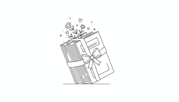 Line art illustration of a stack of books wrapped with a decorative ribbon bow, with delicate flowers and stars floating above the pages.
