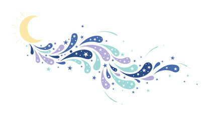 Naklejka premium Magical crescent moon surrounded by a colorful swirl of sparkling stars and drops in blue, teal, and purple tones.