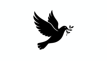 Fototapeta premium Black silhouette of a flying dove carrying a small olive branch in its beak, representing peace on a white background.