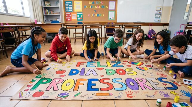 Diverse group of elementary school children happily creating a large colorful banner for Teachers Day celebration