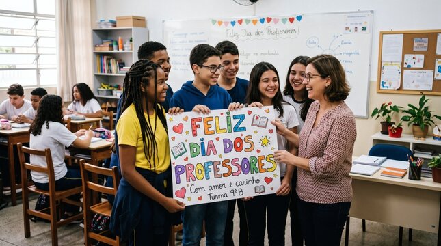 Students surprise teacher with happy teachers day poster in classroom celebration