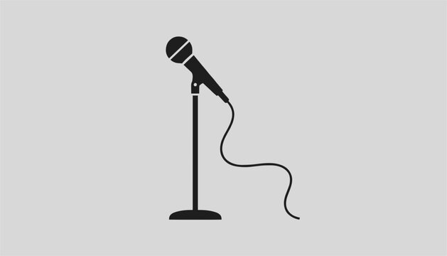 Classic black silhouette of a dynamic microphone mounted on a vertical stand with a long cable, on grey background.
