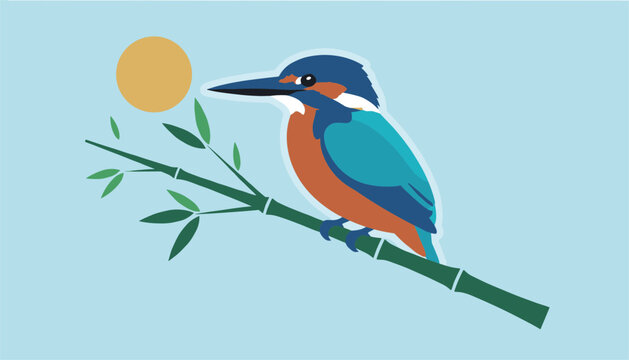 Beautiful colorful kingfisher bird perched gracefully on a green bamboo branch under a golden sun in a blue sky.