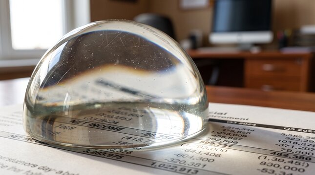 Glass magnifying dome paperweight on financial document on office desk.