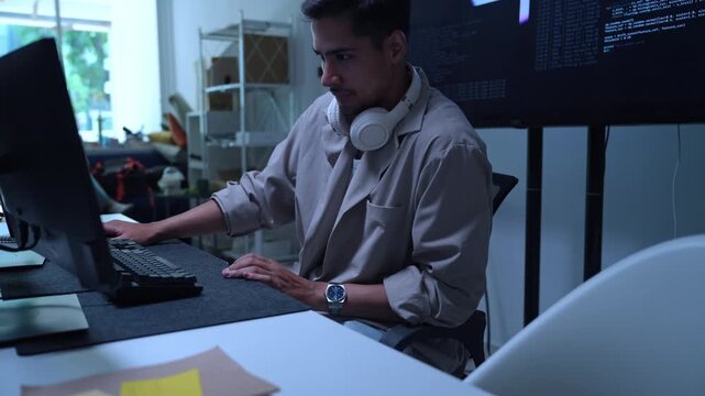 AI developers and technology professionals work at modern office computers, writing software code and analyzing data for artificial intelligence projects.