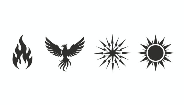 Four mystical power symbols representing fire flame a rising phoenix bird lightning star and the radiant sun.