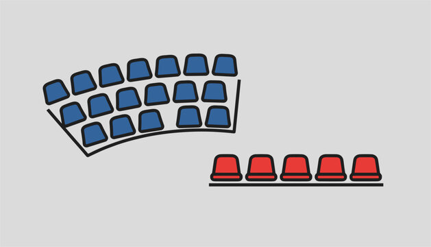 Seating chart layout template with rows of blue chairs in a curve and a separate row of red VIP seats at the bottom.