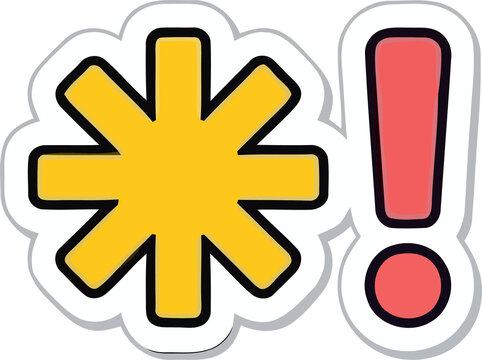 Cartoon sticker icon of yellow asterisk and red exclamation mark for punctuation, emphasis, and alert designs