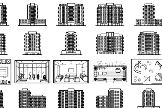 A collection of black and white line art illustrations depicting various apartment buildings, interior layouts, and architectural elements, showcasing diverse urban housing options and design styles.