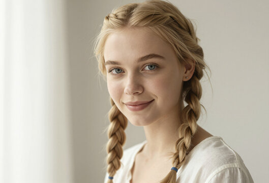 Close up portrait of beautiful young blonde female with french braid