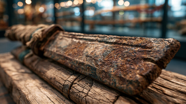 Rusted Chinese broadsword on aged wooden stand with cinematic amber museum lighting. Macro photography with soft bokeh, perfect for war documentaries, memorial exhibits, and historical education.