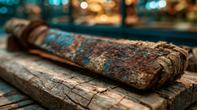 Rusted Chinese broadsword on aged wooden stand with cinematic amber museum lighting. Macro photography with soft bokeh, perfect for war documentaries, memorial exhibits, and historical education.