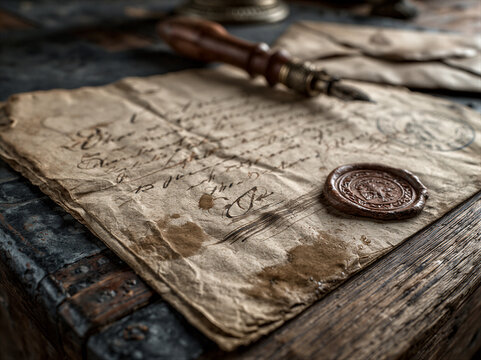 Vintage letter with creases on weathered wood near antique pen and wax seal, lit by amber volumetric rays and cinematic dust, shallow focus with left copy space for history and museum designs.