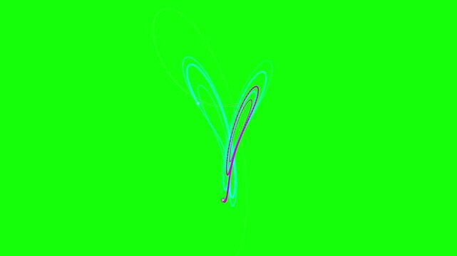 Abstract thin glowing light trail moving on green screen minimalist