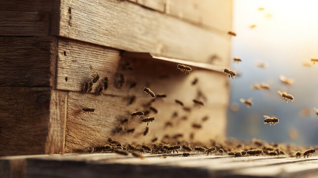 rapidly. Close-up of a beehive entrance with blurred motion of bees. wildlife magazines, conservation campaigns, designed for wildlife conservation campaigns, celebrates biodiversity.