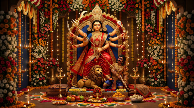 Goddess Durga idol with lion in floral pandal.