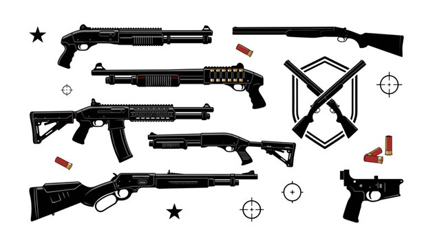Tactical Shotgun and Firearm Vector Illustration Set Featuring Shotguns, Ammunition Shells, Crosshair Targets, and Military Emblem Icons for Graphic Design