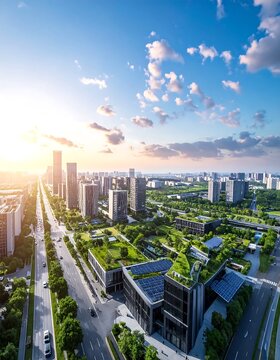 Modern city skyline with urban park and waterfront.