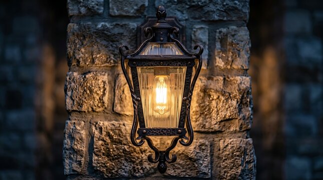Vintage outdoor lantern glowing on a rustic stone wall at night