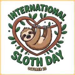 Naklejka premium Sloth hangs happily inside a heart shaped vine for International Sloth Day vector illustration.