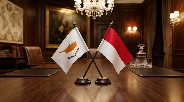 Cyprus and Indonesia Small Table Flags in a Luxury Office Setting for Bilateral Meeting and Diplomacy
