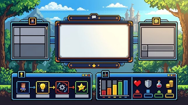 Pixel art video game user interface set in a lush forest landscape
