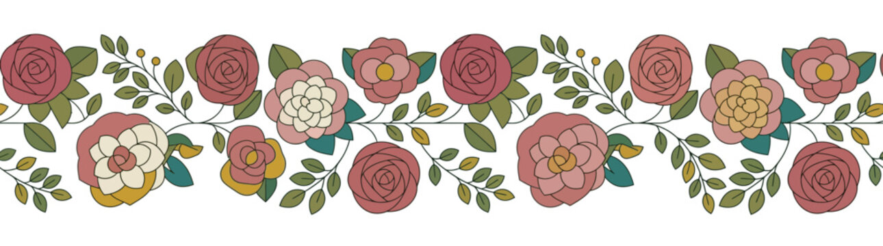 Vintage floral border with roses and leaves, isolated on transparent background