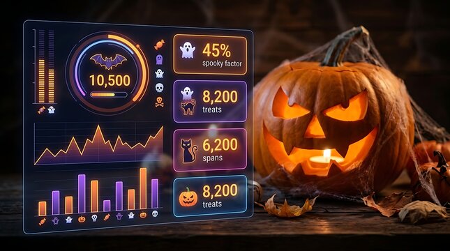 Halloween technology dashboard with glowing pumpkin and data charts