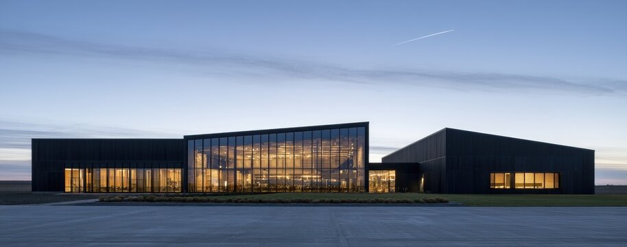 Modern industrial building with angled glass facade lit at dusk