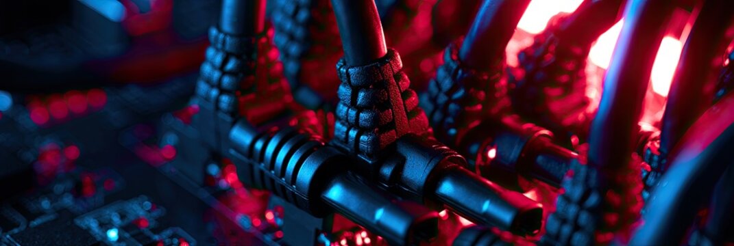 Close-up of bundled cables with blue and red lighting on electronic components
