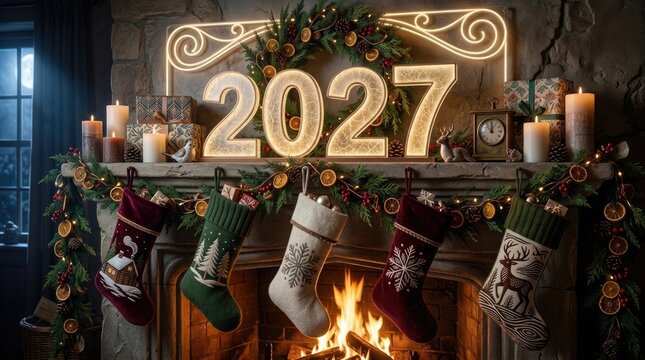 Festive winter fireplace: Happy celebration, New Year, glowing 2027, warm hearth, hang stocking, burn firewood, cozy atmosphere, rustic mantelpiece, bright candle, pine wreath.