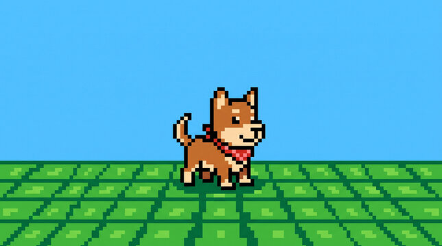 Retro Pixel Art Shiba Inu with Red Bandana, 8-Bit Video Game Puppy on Green Grid for International Dog Day