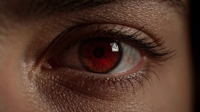 Macro Close-up View of Glowing Red Amber Eye Opening in Dark