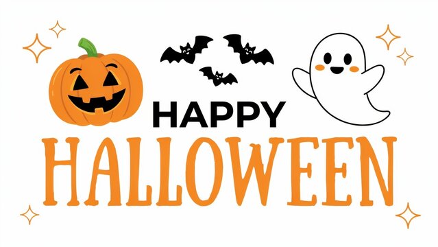 Happy Halloween cartoon with jack o lantern ghost bats