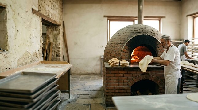 Baker preparing fresh bread in a traditional brick oven