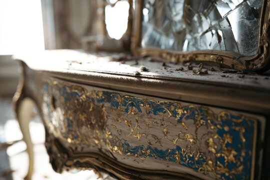 Ornate, decaying furniture with gilded details and shattered mirror
